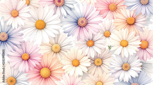 Watercolor white daisies with a yellow center on a white background. Background, pattern