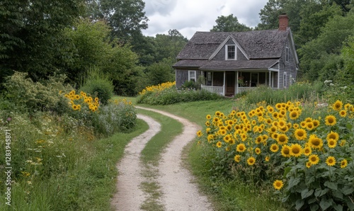 Overgrown Path to a Dilapidated Farmhouse Amidst Sunflowers