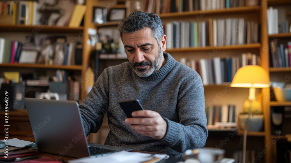 Concentrated Middle Eastern Man Working at Desk with Smartphone and Laptop in Cozy Home Office Setting Concentrated Middle Eastern Man Working at Desk with Smartphone and Laptop in Cozy Home Office Setting
