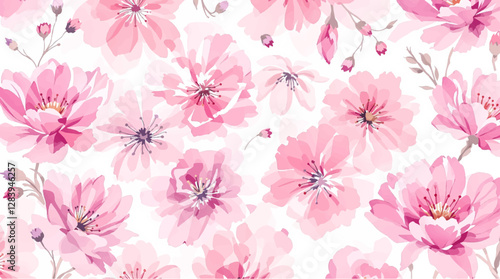 Seamless pattern with Pink flowers painted in watercolor style on a white background, elegant floral design	