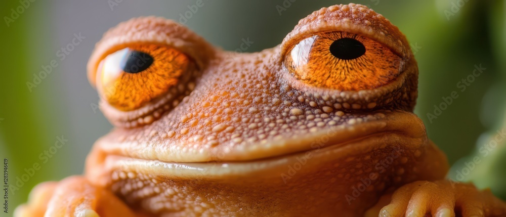 Bright orange frog with vivid eyes on green plant Bright orange frog with vivid eyes on green plant