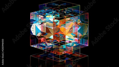 A 3D holographic cube transforming into different geometric patterns, symbolizing technological innovation.

