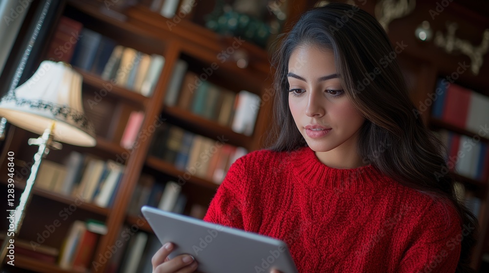 Studious Hispanic Woman Reading Academic Paper and Taking Notes on Tablet in Study Room with Bookshelves and Lamp Studious Hispanic Woman Reading Academic Paper and Taking Notes on Tablet in Study Room with Bookshelves and Lamp
