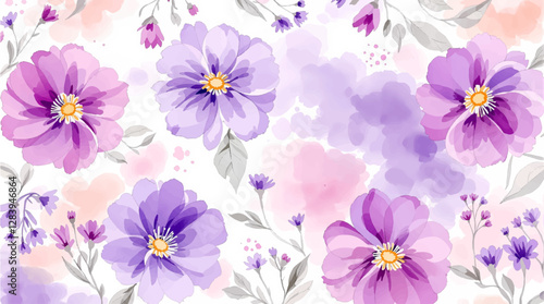 Watercolor pattern with different purple flowers on a white background. Watercolor delicate floral pattern.