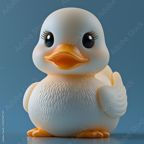 White rubber duck isolated on blue background - Generative AI