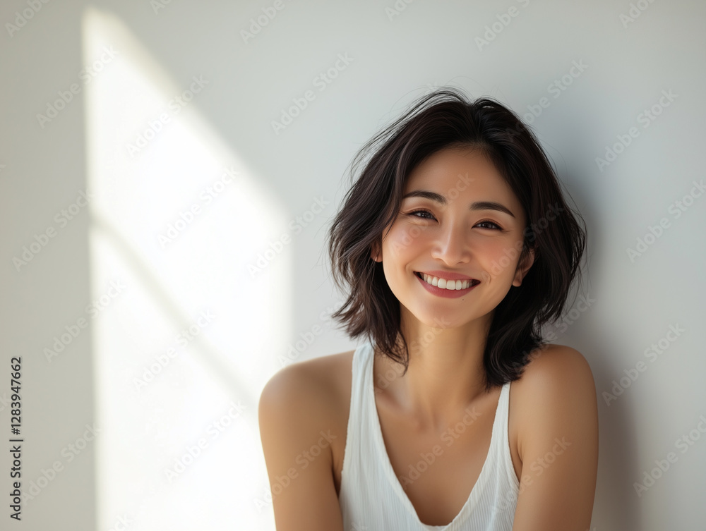 上品そうな40代と壁におちかかる日光 美白 UVカット 美肌のイメージ 上品そうな40代と壁におちかかる日光 美白 UVカット 美肌のイメージ