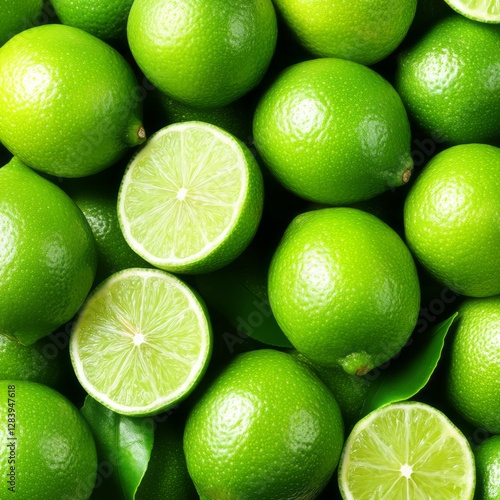 Abundance of Fresh Green Limes Sliced Limes Overhead Close Up View