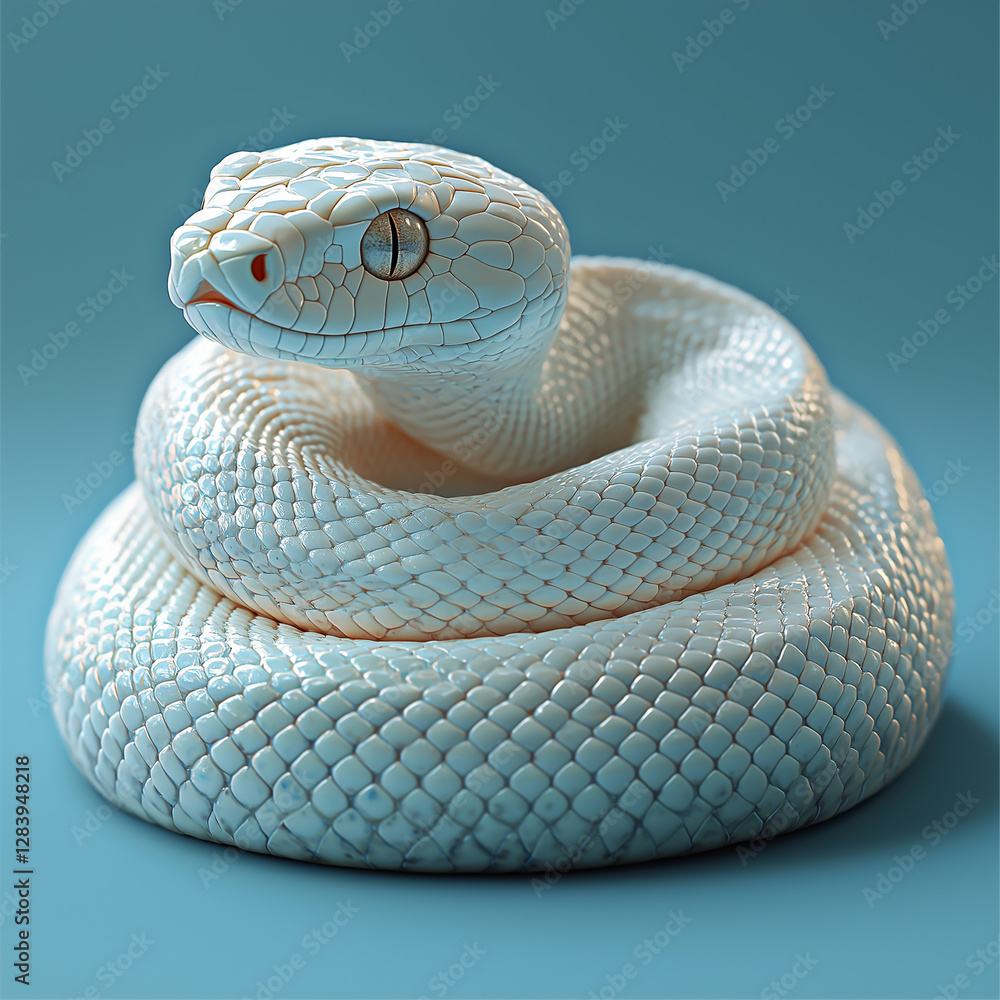 Fototapeta premium White snake isolated on blue background - Generative AI