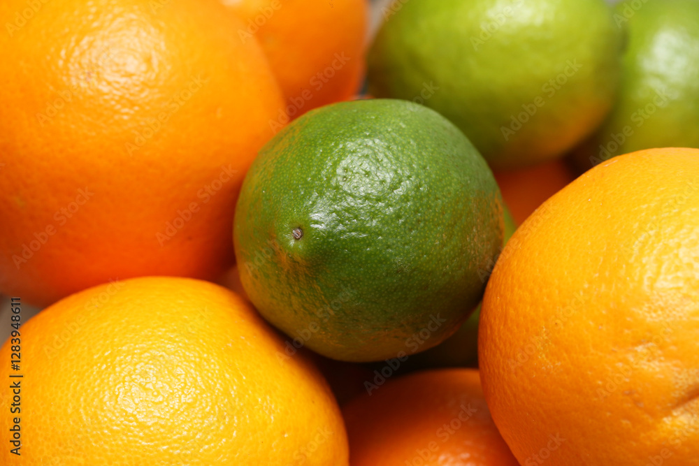 Single green lime among fresh oranges. Contrasting citrus fruits with vibrant colors. Juicy tropical produce rich in vitamin C and freshness. Organic healthy food background.
