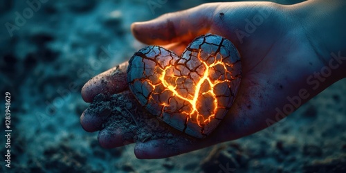 Fototapeta Naklejka Na Ścianę i Meble -  Hand holding a heart that is broken and has fire coming out of it