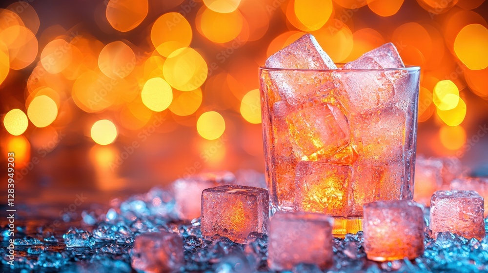 Refreshing glass filled with ice cubes and chill water on a bright surface with a soft focus Refreshing glass filled with ice cubes and chill water on a bright surface with a soft focus