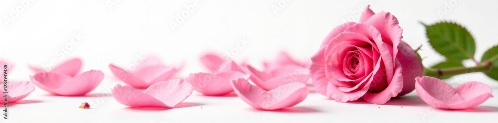 Soft rose petals scattered on a white background with a single stem remaining upright, nature, sweet Soft rose petals scattered on a white background with a single stem remaining upright, nature, sweet