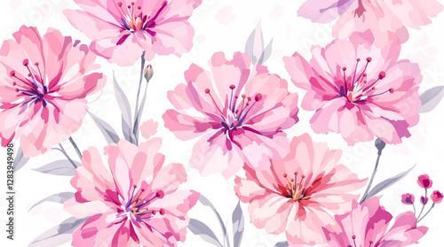 Seamless pattern with Pink flowers painted in watercolor style on a white background, elegant floral design	