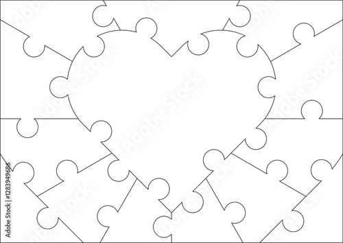 A puzzle with 14 parts. Contour. The central part of the puzzle is in the shape of a heart. Heart puzzle, background, photo, template, recreation, learning, motor skills