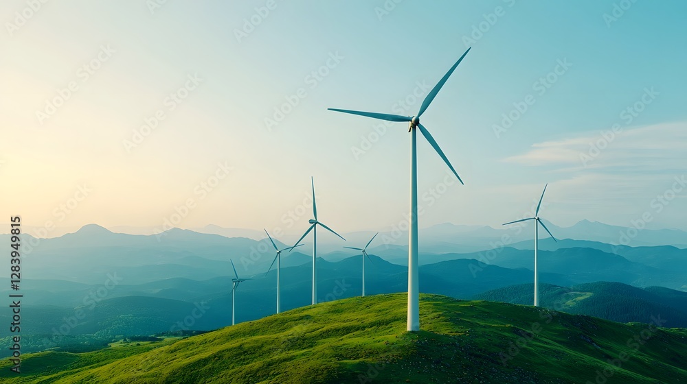 Breathtaking Wind Turbines Gracefully Align on Rolling Hills Against a Tranquil Sky Dust. Economy of Scale Concept Breathtaking Wind Turbines Gracefully Align on Rolling Hills Against a Tranquil Sky Dust. Economy of Scale Concept