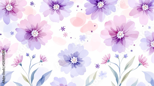 Watercolor pattern with different purple flowers on a white background. Watercolor delicate floral pattern.