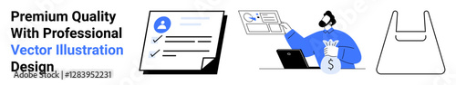 Service contract with checkboxes, worker managing funds on a laptop, and eco-friendly product packaging. Ideal for business agreements, finances, e-commerce, teamwork, quality assurance