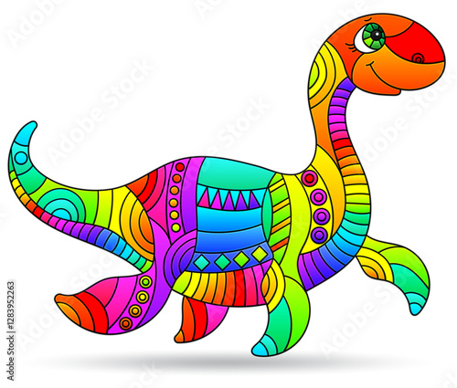 Illustration in the style of stained glass with bright dinosaur, animal isolated on a white background