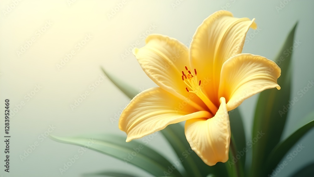 Obraz premium A delicate, intricately detailed flower with soft, velvety petals in a warm, sunny yellow hue, set against a subtle, graduated background that transitions from creamy white to pale blue, evoking a sen