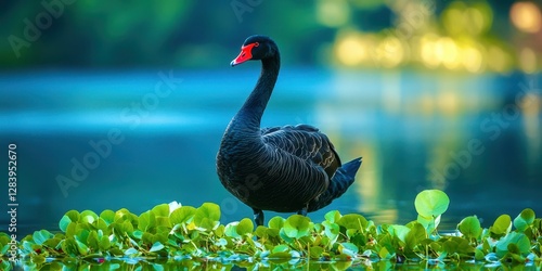 Fototapeta Naklejka Na Ścianę i Meble -  Black swan is standing on a green plant in a pond