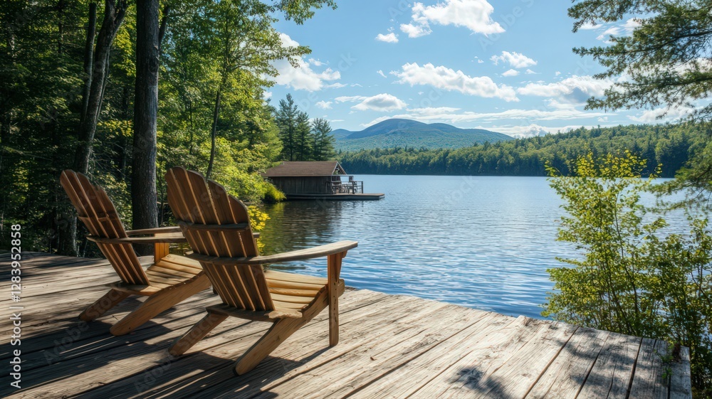 Peaceful Lake View With Adirondack Chairs on a Wooden Dock Peaceful Lake View With Adirondack Chairs on a Wooden Dock