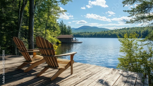 Peaceful Lake View With Adirondack Chairs on a Wooden Dock