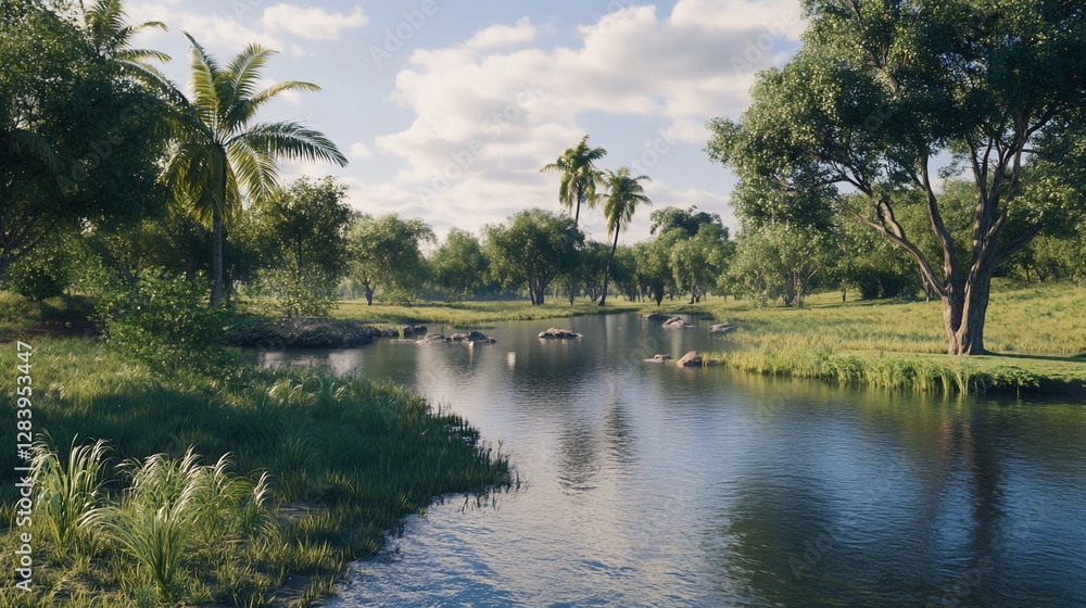 Serene Lakeside Scenery with Lush Greenery and Tropical Palm Trees Serene Lakeside Scenery with Lush Greenery and Tropical Palm Trees