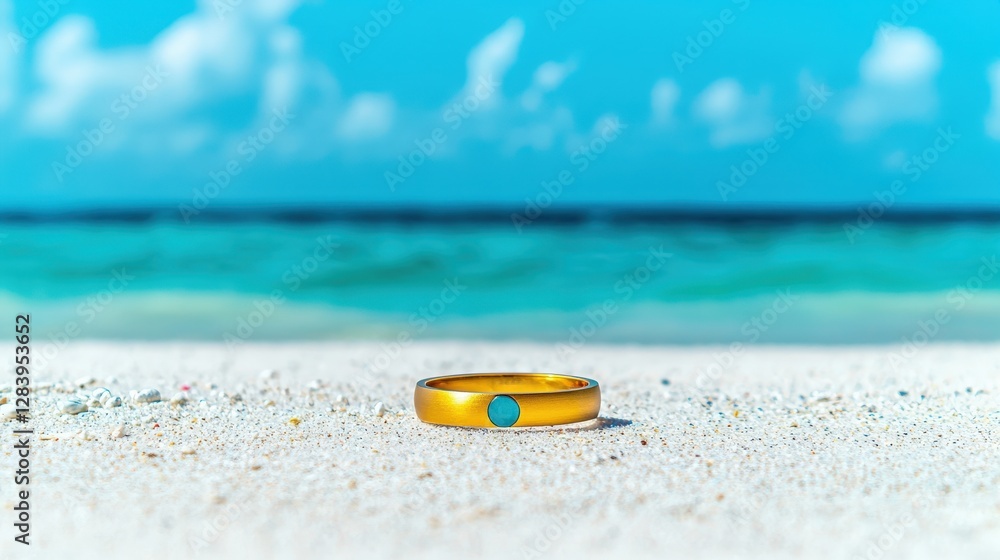 Gold Ring on Sandy Beach with Ocean Background,holiday summer 2025 concept Gold Ring on Sandy Beach with Ocean Background,holiday summer 2025 concept