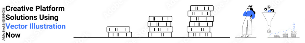 Stacks of platforms grow progressively in size, ending with a person monitoring data flowing into a funnel. Ideal for business growth, analytics, organization, finance, data management, planning Stacks of platforms grow progressively in size, ending with a person monitoring data flowing into a funnel. Ideal for business growth, analytics, organization, finance, data management, planning
