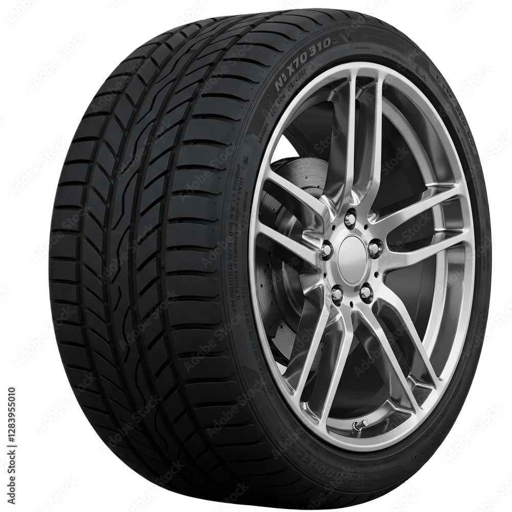 Stylish side view of a car tire with a sleek metallic rim isolated on a transparent background—perfect for automotive designs and branding Stylish side view of a car tire with a sleek metallic rim isolated on a transparent background—perfect for automotive designs and branding