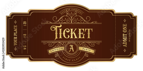 Vintage ticket template in golden colors on dark brown background. For excursion routes, retro parties and clubs and other projects. Just add your text. Vector, can be used for printing.