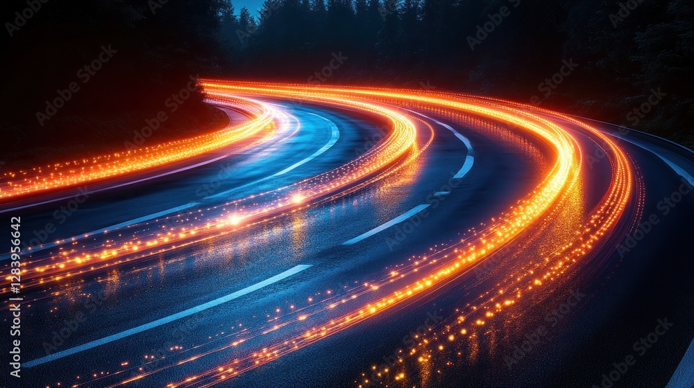 Night road with light trails, curving path, speed, motion blur, forest background. Night road with light trails, curving path, speed, motion blur, forest background.