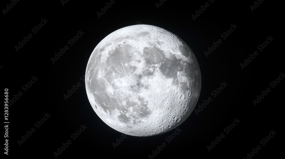 Naklejka premium Glowing full moon showing detailed surface craters against a dark black night sky.