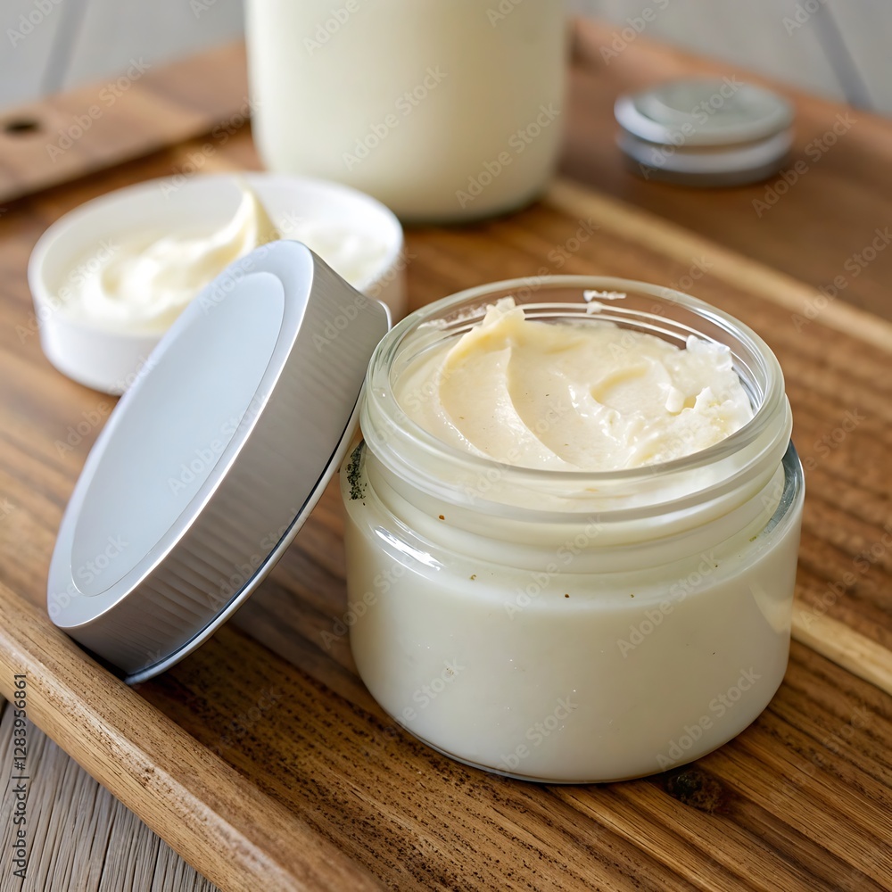 A healing hand cream sits in an open jar with visible texture on a white background offering moisturizing care for troubled skin The top view promotes the concept A healing hand cream sits in an open jar with visible texture on a white background offering moisturizing care for troubled skin The top view promotes the concept