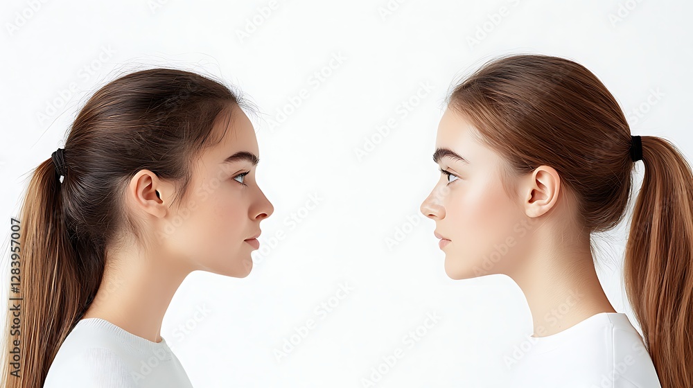 Profile comparison of two young women with long hair styled in ponytails against a plain white background Profile comparison of two young women with long hair styled in ponytails against a plain white background