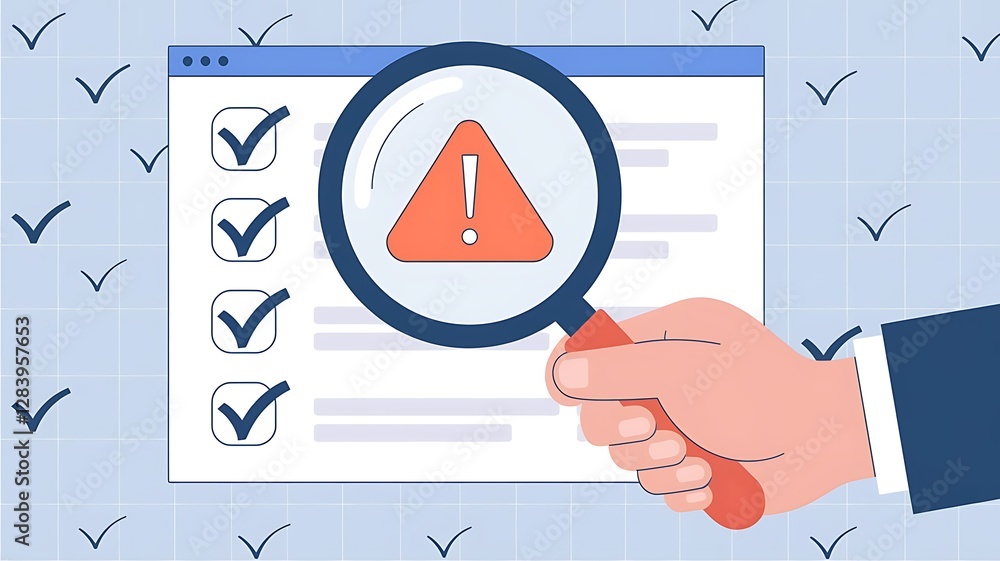 Fototapeta premium System engineer identifying problem in computer network system. Red triangle with exclamation mark and many other checkmark icons. Hand holding magnifying glass.