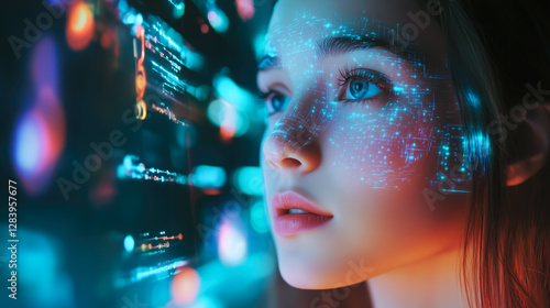 A student woman learns online with futuristic technology. The concept of education, innovation, and digital learning. Generative AI.