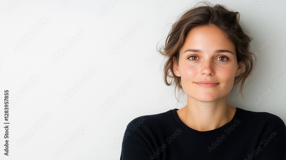 Portrait of European woman with a warm smile, and natural makeup, against a plane background. The minimal composition creates a fresh, modern, and professional aesthetic, perfect for business. Portrait of European woman with a warm smile, and natural makeup, against a plane background. The minimal composition creates a fresh, modern, and professional aesthetic, perfect for business.