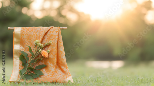 Boishakhi: A Vibrant Orange and Gold Bangladeshi Saree Worn by a Woman
 photo