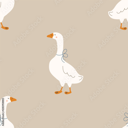 Art & Illustration. Seamless pattern with cute animals, goose on colored background background. Vector illustration for printing. Cute baby background