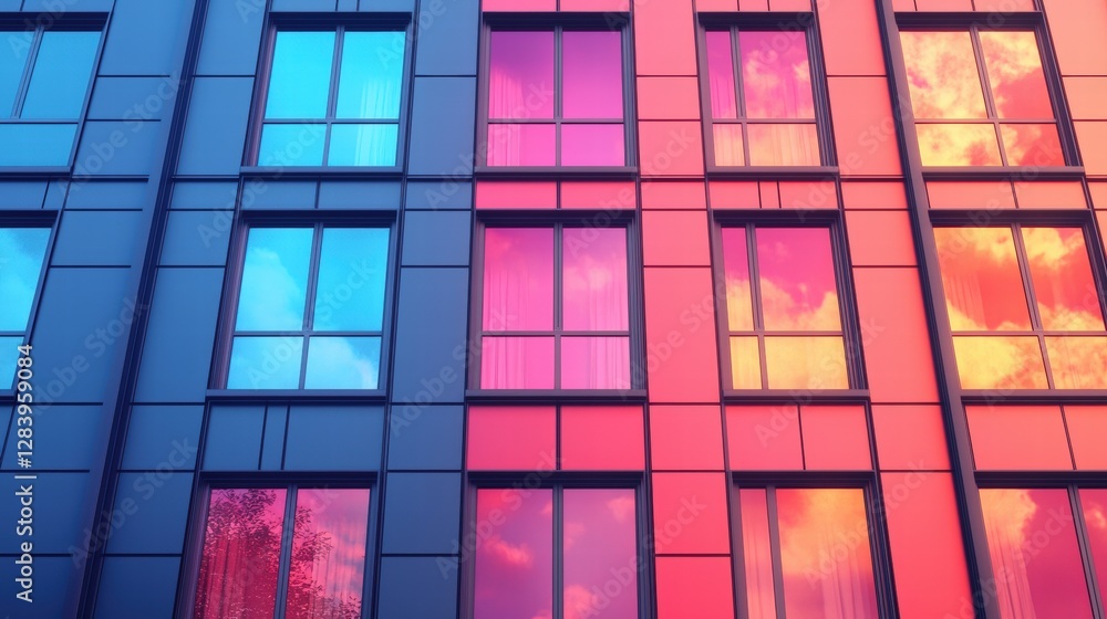 Impressive modern building with numerous large reflecting clear blue sky and sunshine Impressive modern building with numerous large reflecting clear blue sky and sunshine