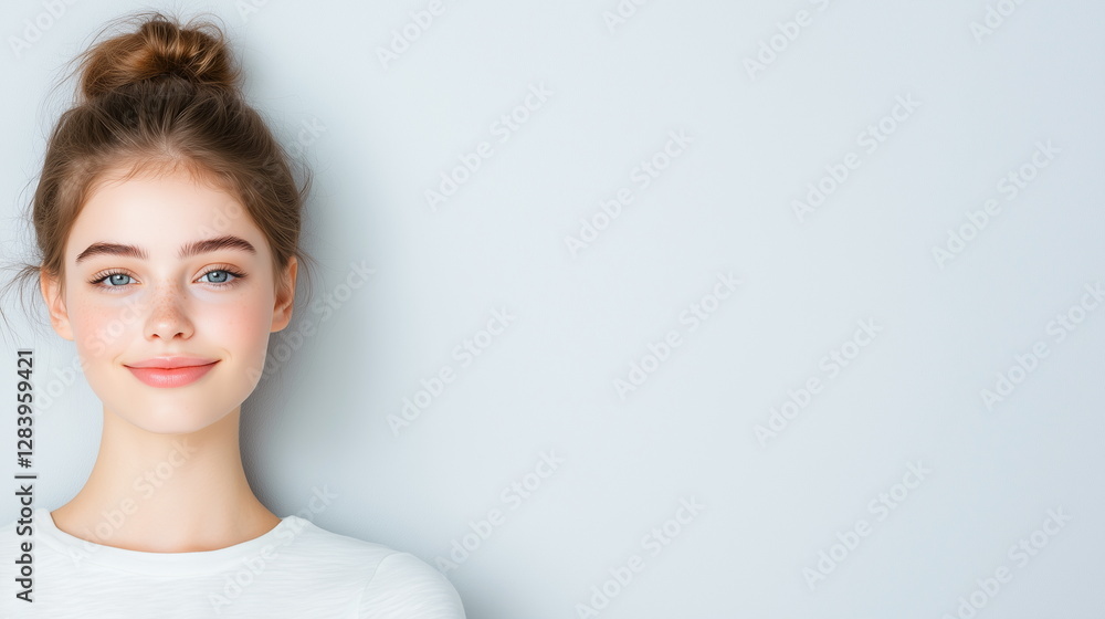 Portrait of European woman with a warm smile, and natural makeup, against a plane background. The minimal composition creates a fresh, modern, and professional aesthetic, perfect for business. Portrait of European woman with a warm smile, and natural makeup, against a plane background. The minimal composition creates a fresh, modern, and professional aesthetic, perfect for business.