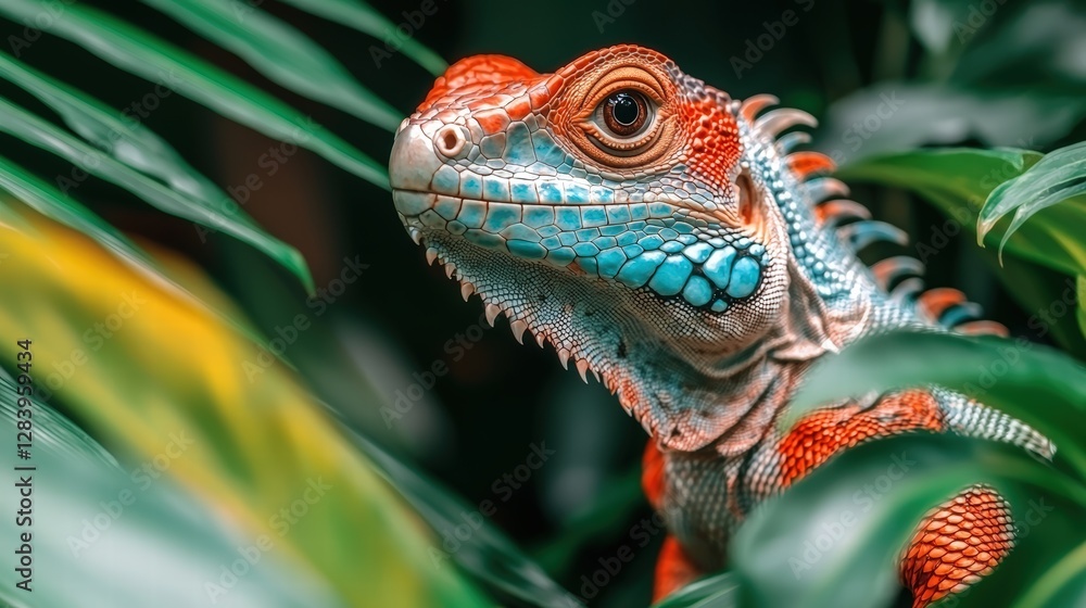 Obraz premium Lizard camouflaged amidst lush green leaves and vibrant plants in a natural environment setting