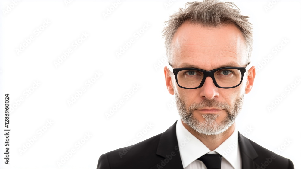 Professional portrait of a 50-year-old European man with a smart, confident expression. He looks directly at the camera against a white background. Ample copy space on the right for business use. Professional portrait of a 50-year-old European man with a smart, confident expression. He looks directly at the camera against a white background. Ample copy space on the right for business use.