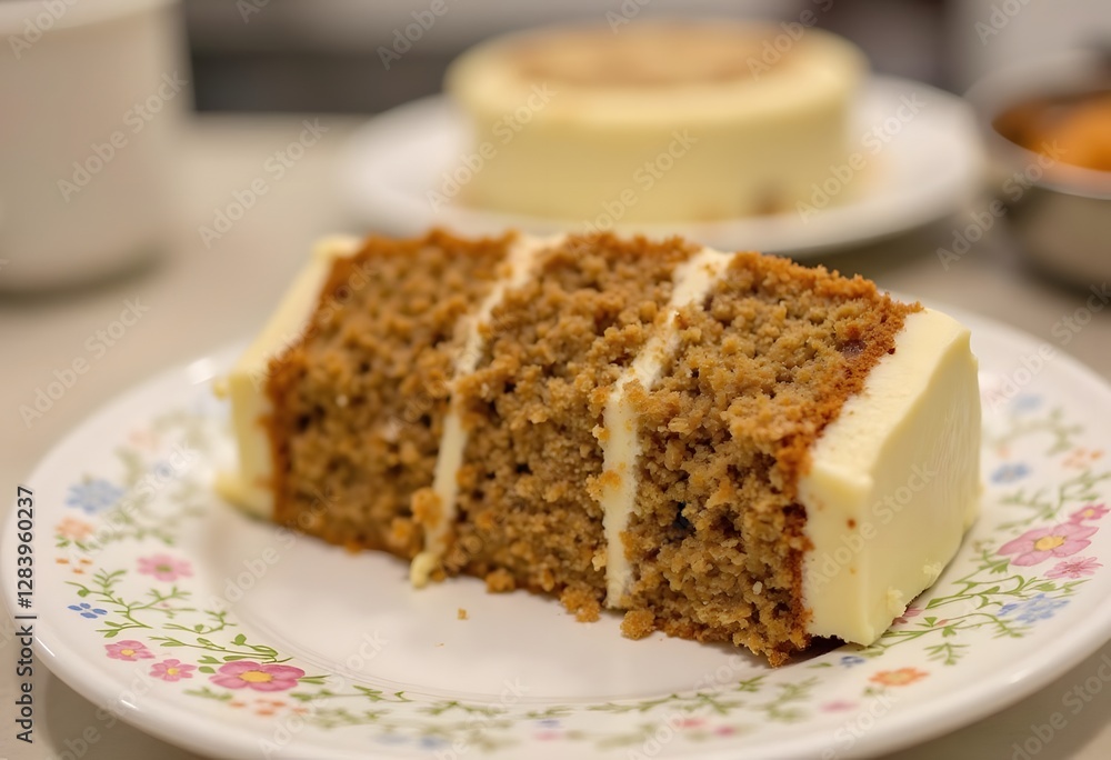 Carrot cake with cream cheese in layers and carrots on top on a blue and white background with carrots in blurry background
Carrot cake with cream cheese in layers and carrots on top on a blue and white background with carrots in blurry background