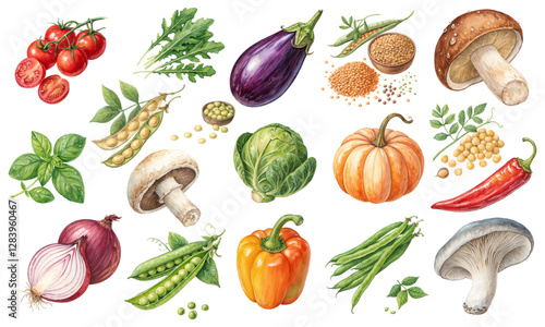 Watercolor Vegetables and Mushrooms Collection
