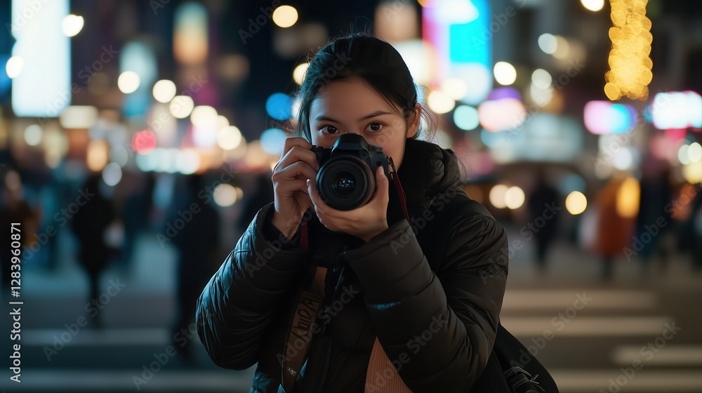 Fototapeta premium City Night Photography Featuring a Photographer Capturing Memorable Moments in a Vibrant Urban Setting