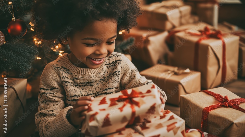 African child opening christmas presents by decorated tree indoors African child opening christmas presents by decorated tree indoors