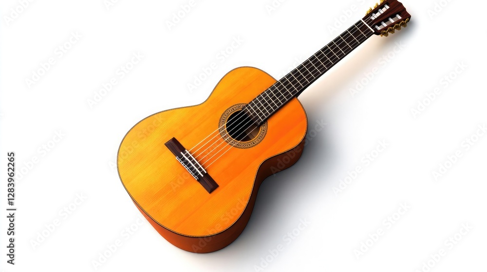 Fototapeta premium A classic acoustic guitar with a wooden finish, positioned on a white background, highlighting its craftsmanship and design.