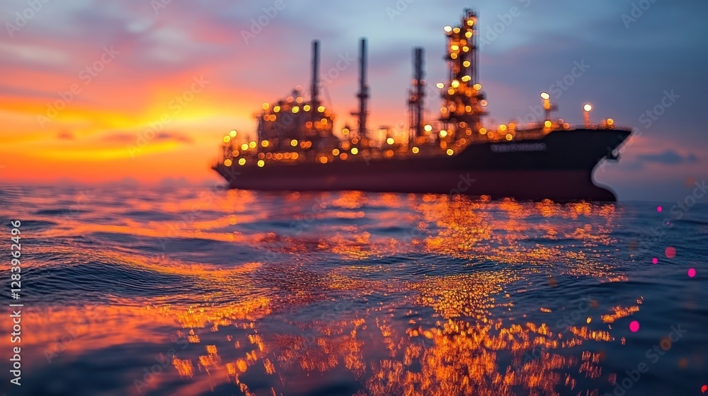 Oil tanker at sunset, reflecting on calm ocean waters. Oil tanker at sunset, reflecting on calm ocean waters.